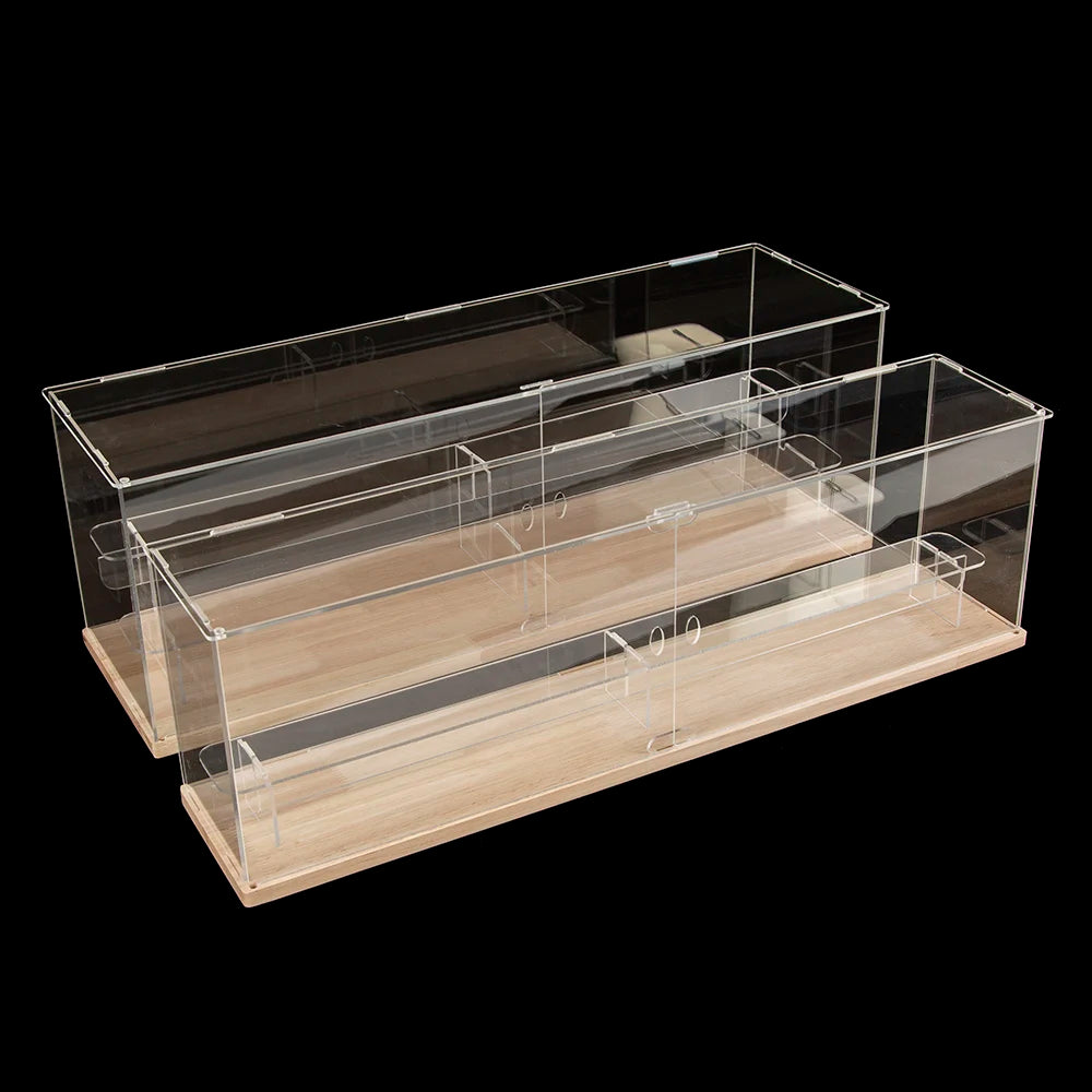 60cm Long Clear Acrylic Blind Box Display Case Solid Wood Base 2/3 Tiers Removable Shelves Dustproof Figurine Action Figure Organizer Showcase Cabinet with Magnetic Front Door for Pop Mart Collectibles Home Decor