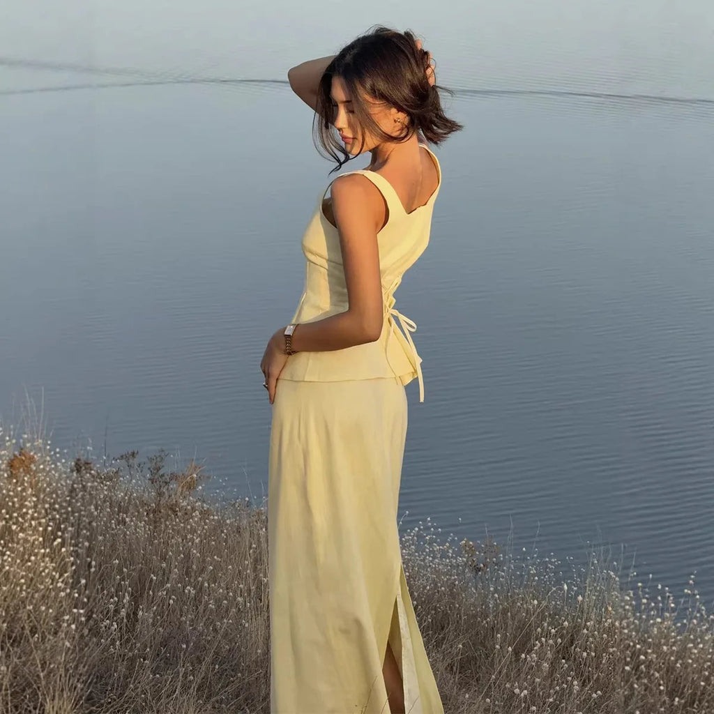 Bornlades 2026 Spring New Cotton Strap Skirt Set Summer Style Thin Belt Waist Top and Fishtail Skirt Long Skirt Set