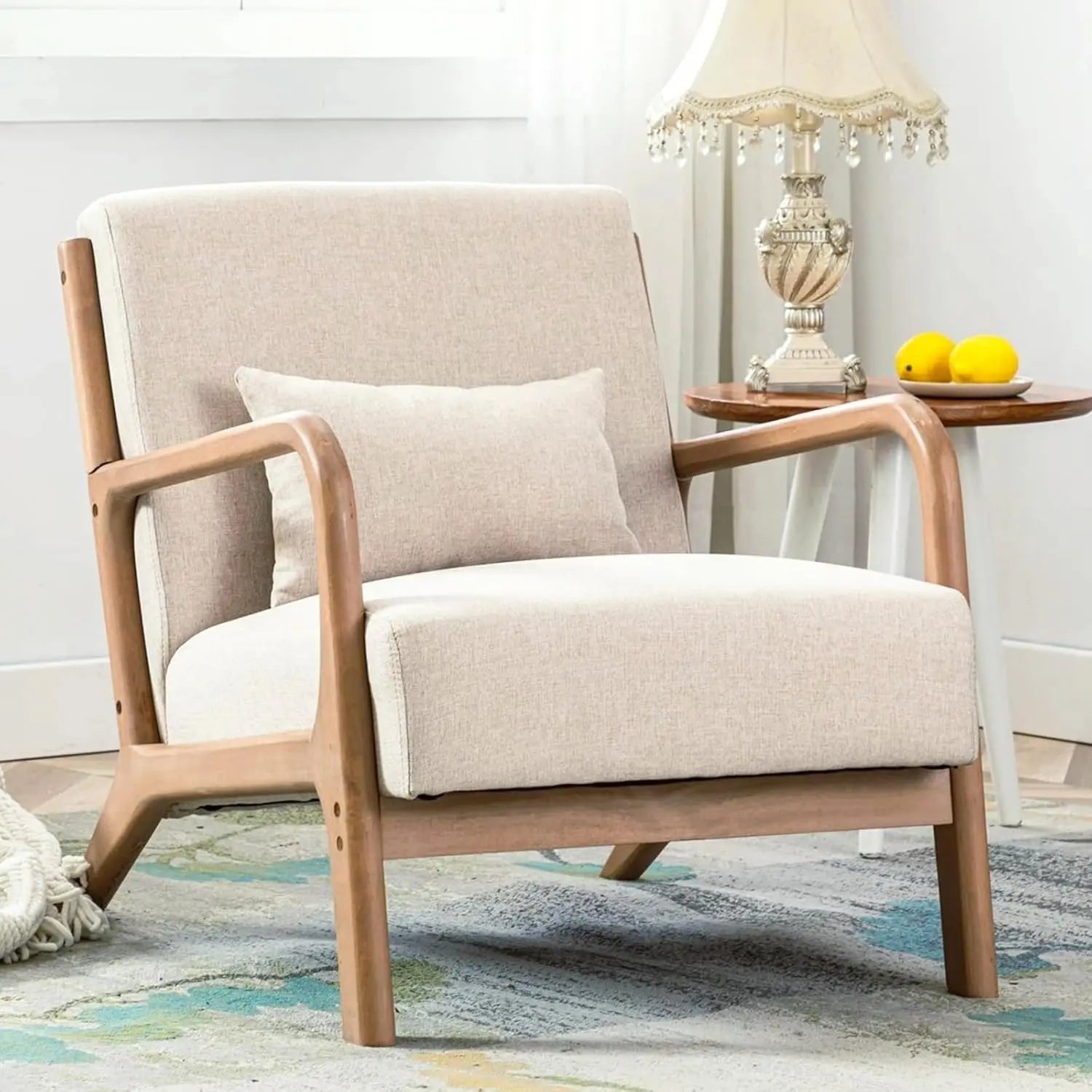 Mid Century Modern Accent Chair, Comfy Fabric Living Room Chairs with Solid Wood Frame, Lounge Reading Armchair