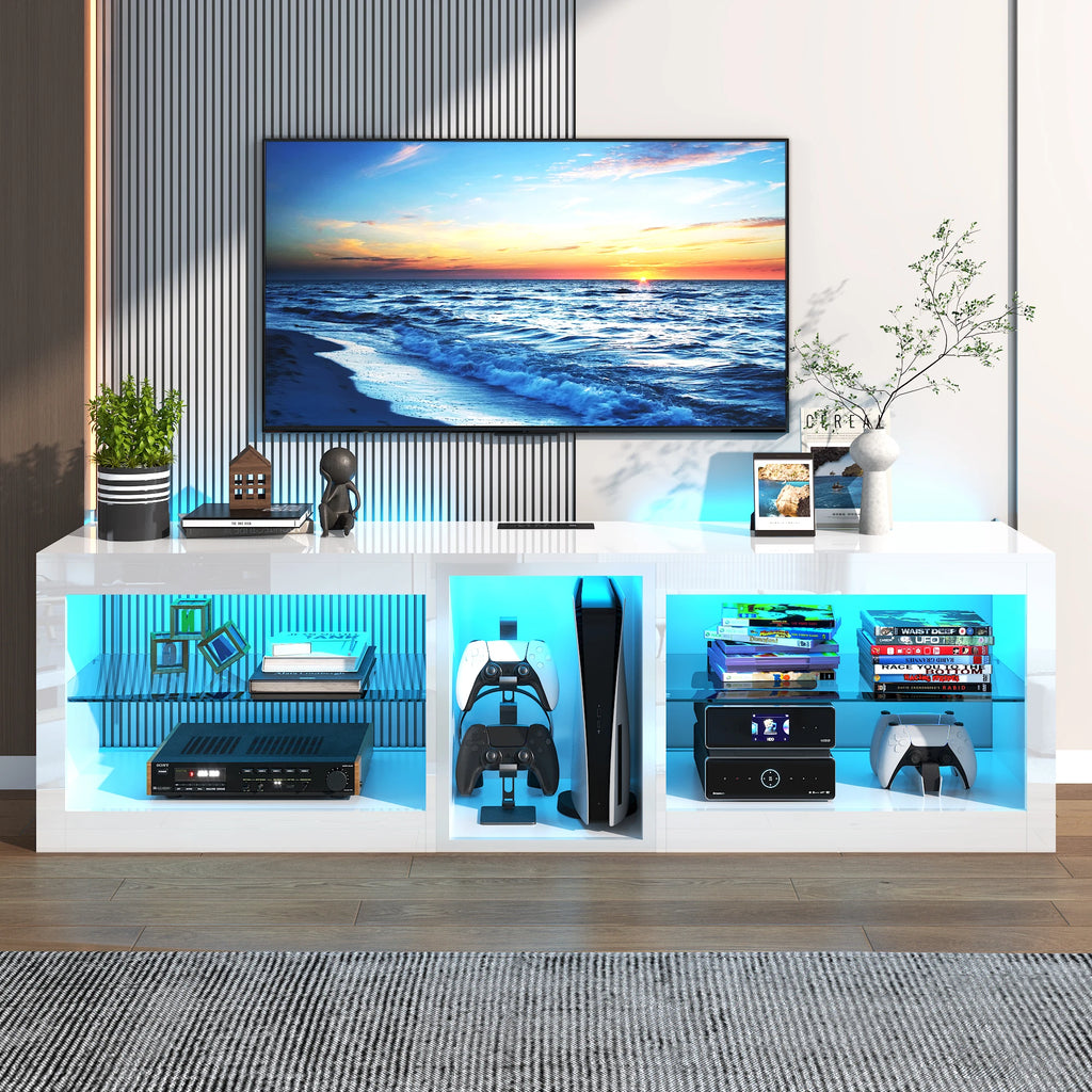 63" LED TV Stand for Televisions up to 70", TV Cabinet with Adjustable Glass Storage Shelves, Modern LED Entertainment Center