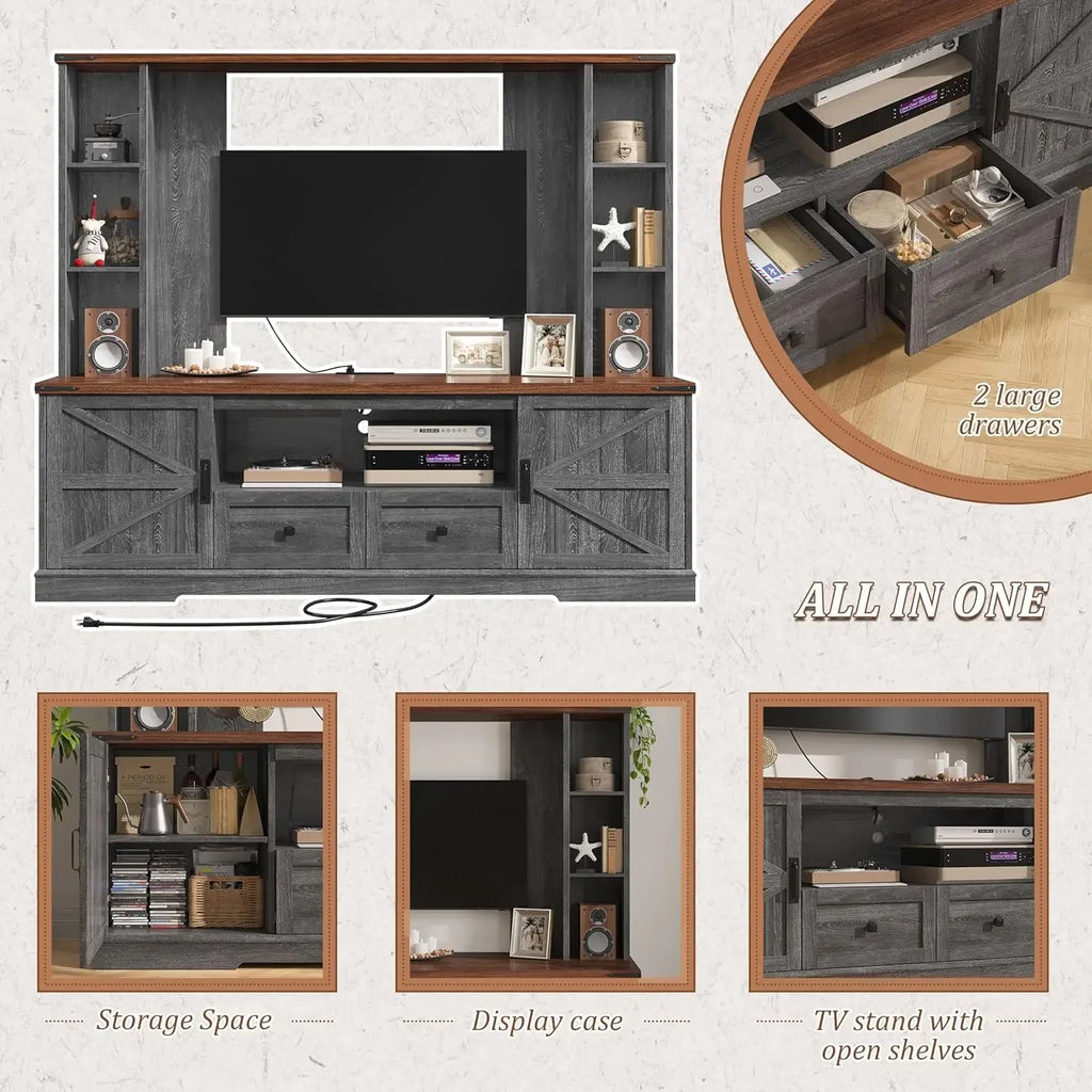 Wood TV Stand, Large Wall Unit Entertainment Center, Living Room with 2 LED Lights & Power Outlets, Storage Shelves ,Dark Grey