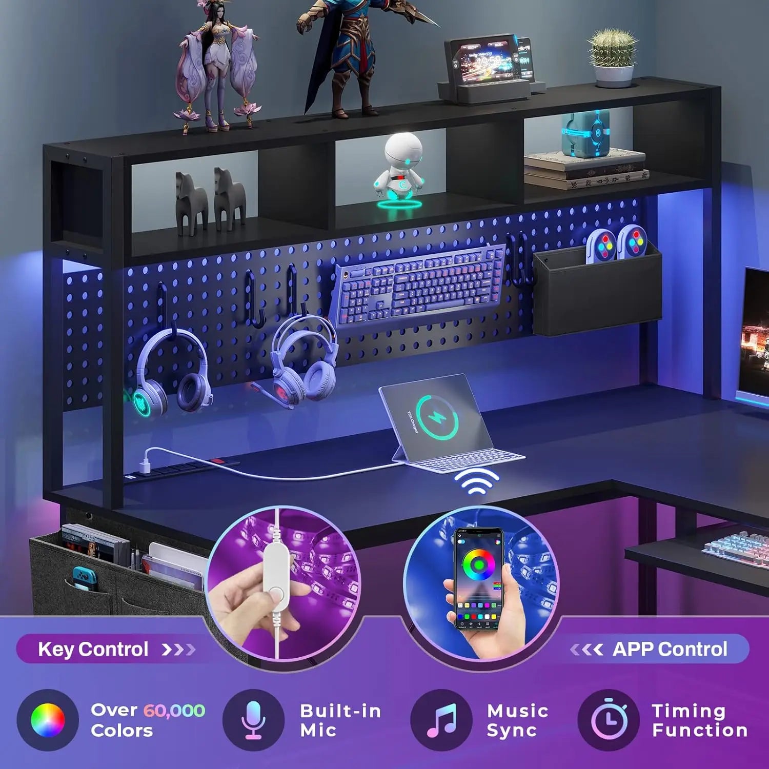 L Shaped Gaming Desk with LED Lights, Power Outlet & Storage - Reversible Corner Computer Desk for Home Office