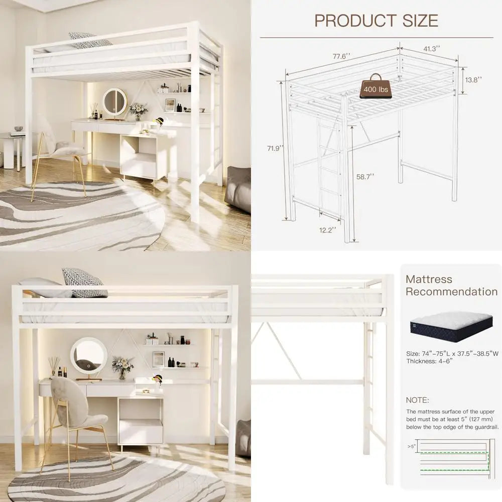 Twin Size Metal Loft Bed with Safety Rail and Ladder, No Box Spring Required, Space-Saving Cream White Bedroom Furniture
