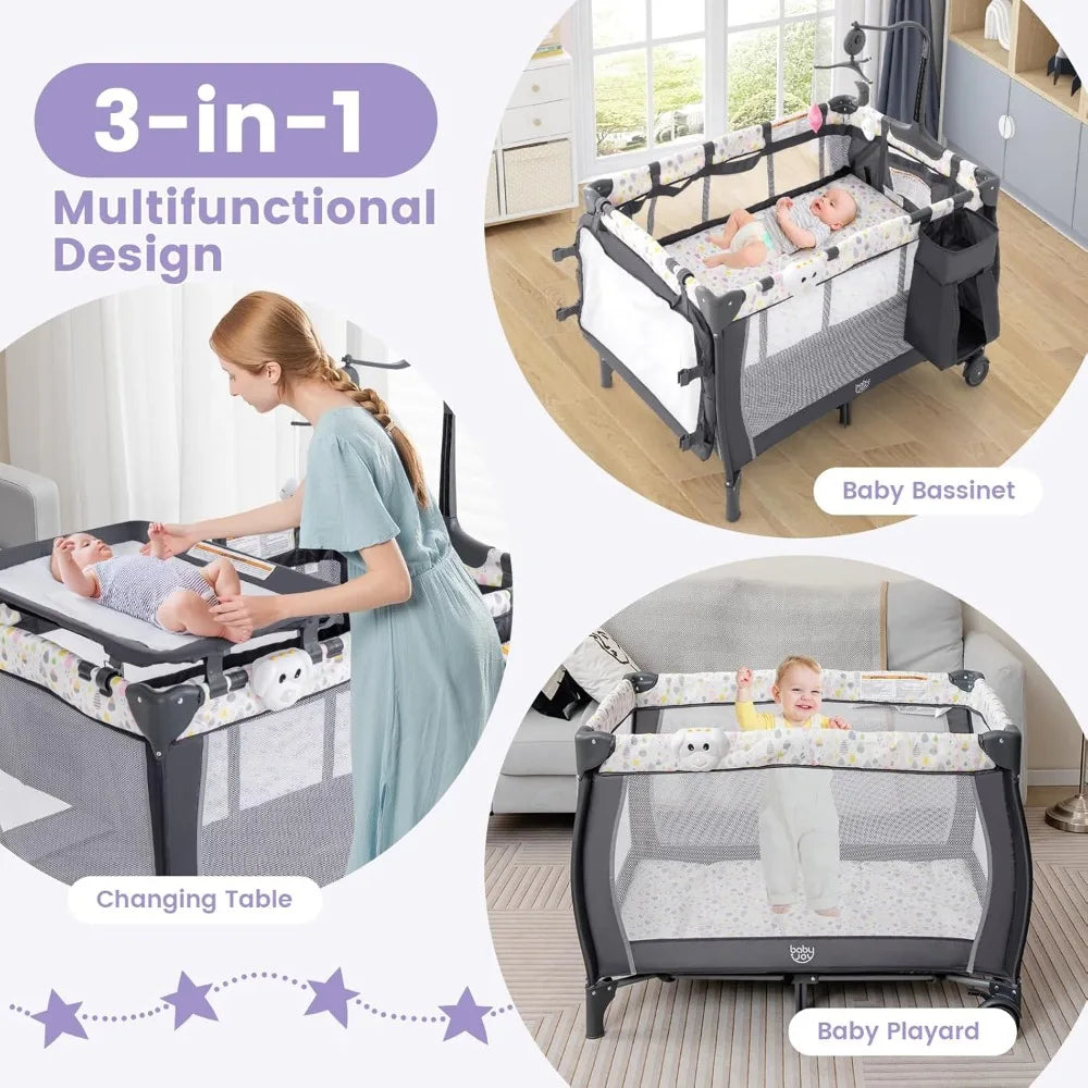 3 in 1 Pack and Play with Bassinet, Portable Baby Play Yard with Changing Table, Bassinet, Music Box, Whirling Toys, Wheels/Brakes