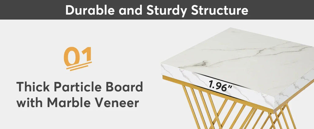 Square End Table White Gold 2-Tier Side Table Modern Small Table with Storage for Couch, Faux Marble White +Gold