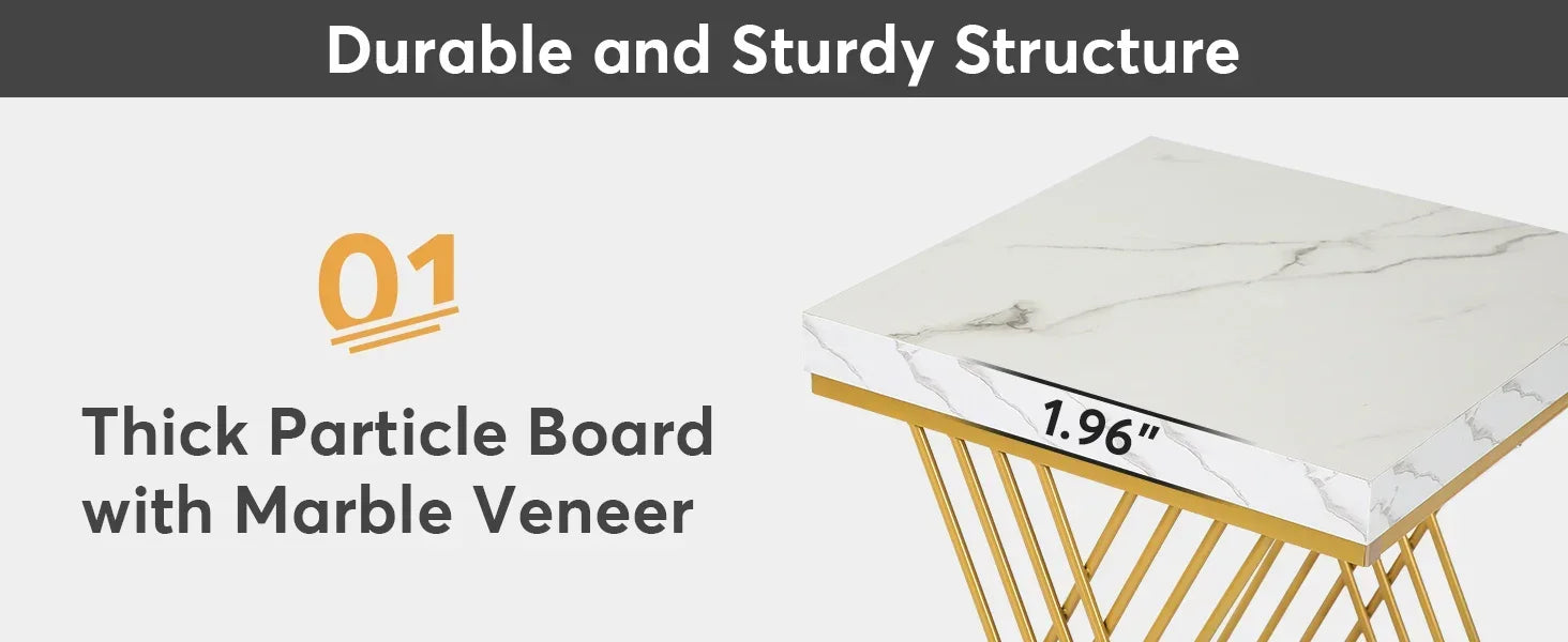 Square End Table White Gold 2-Tier Side Table Modern Small Table with Storage for Couch, Faux Marble White +Gold