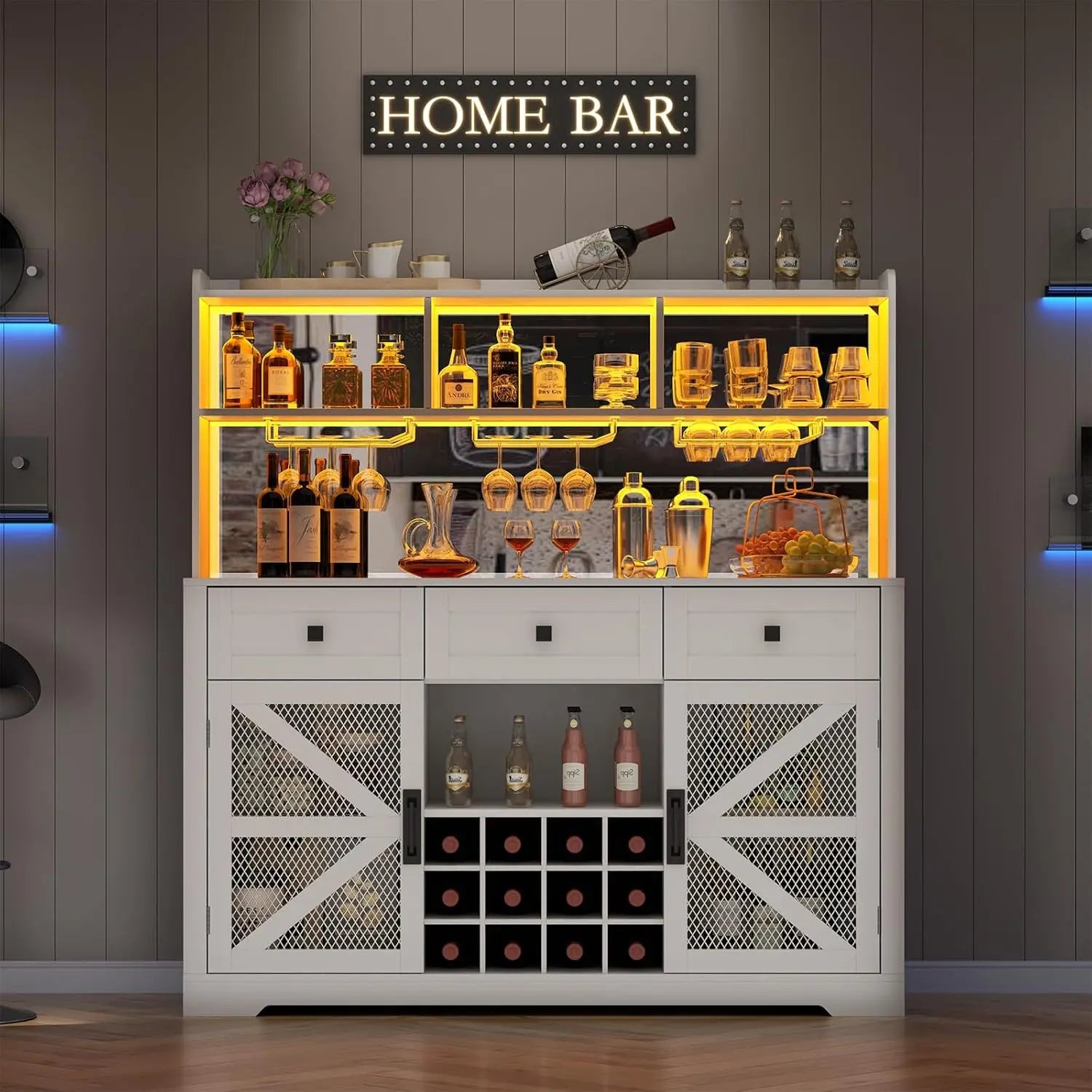 Farmhouse Wine Bar Cabinet with LED Lights, Kitchen Coffee Bar Cabinet with Acrylic Mirror, Wine & Glass Rack, Storage Shelves