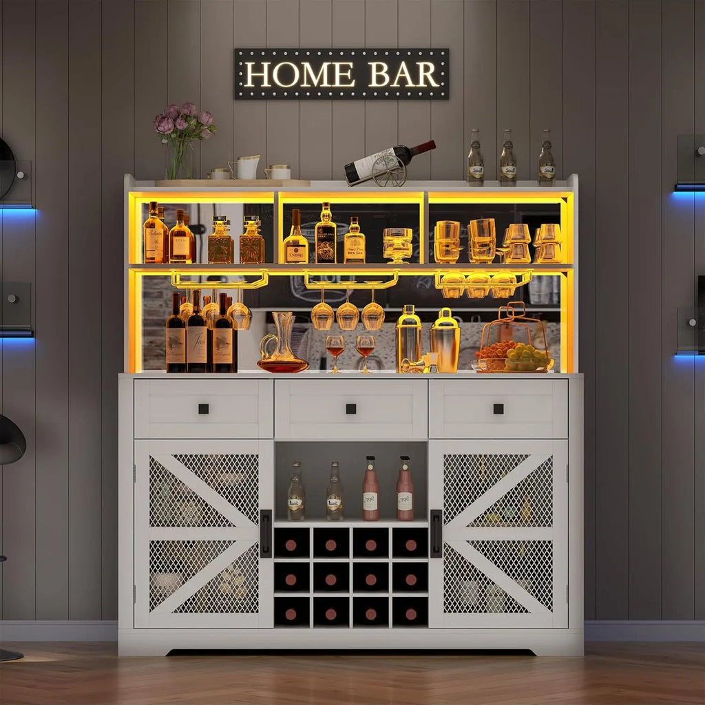 Farmhouse Wine Bar Cabinet with LED Lights, Kitchen Coffee Bar Cabinet with Acrylic Mirror, Wine & Glass Rack, Storage Shelves
