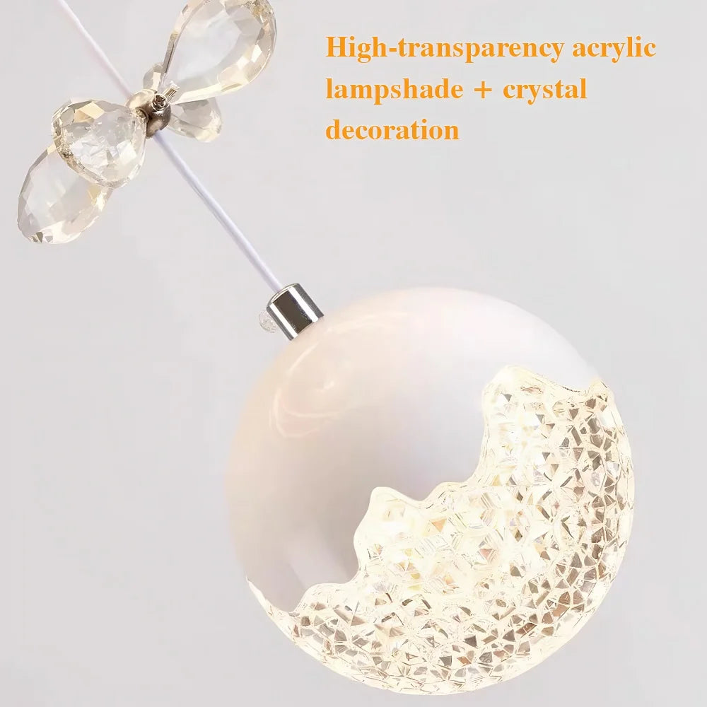 LED Chandelier with Three Spherical Lampshades, Three Adjustable Light Colors, Adjustable Height, and Crystal Accents; Suitable for Above Dining Tables, in Bedrooms, and More