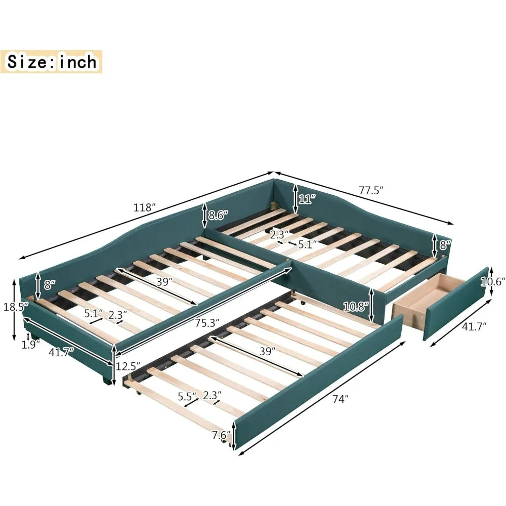 Green Twin Daybed with Upholstered Trundle and Storage for Teens