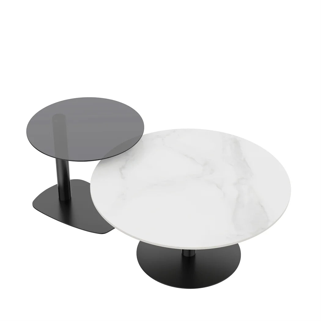 LUVODI Modern Round Marble Coffee Table Set of 2 Living Room Center Table Sofa Side Desk with Black Glass End Table w Metal Legs