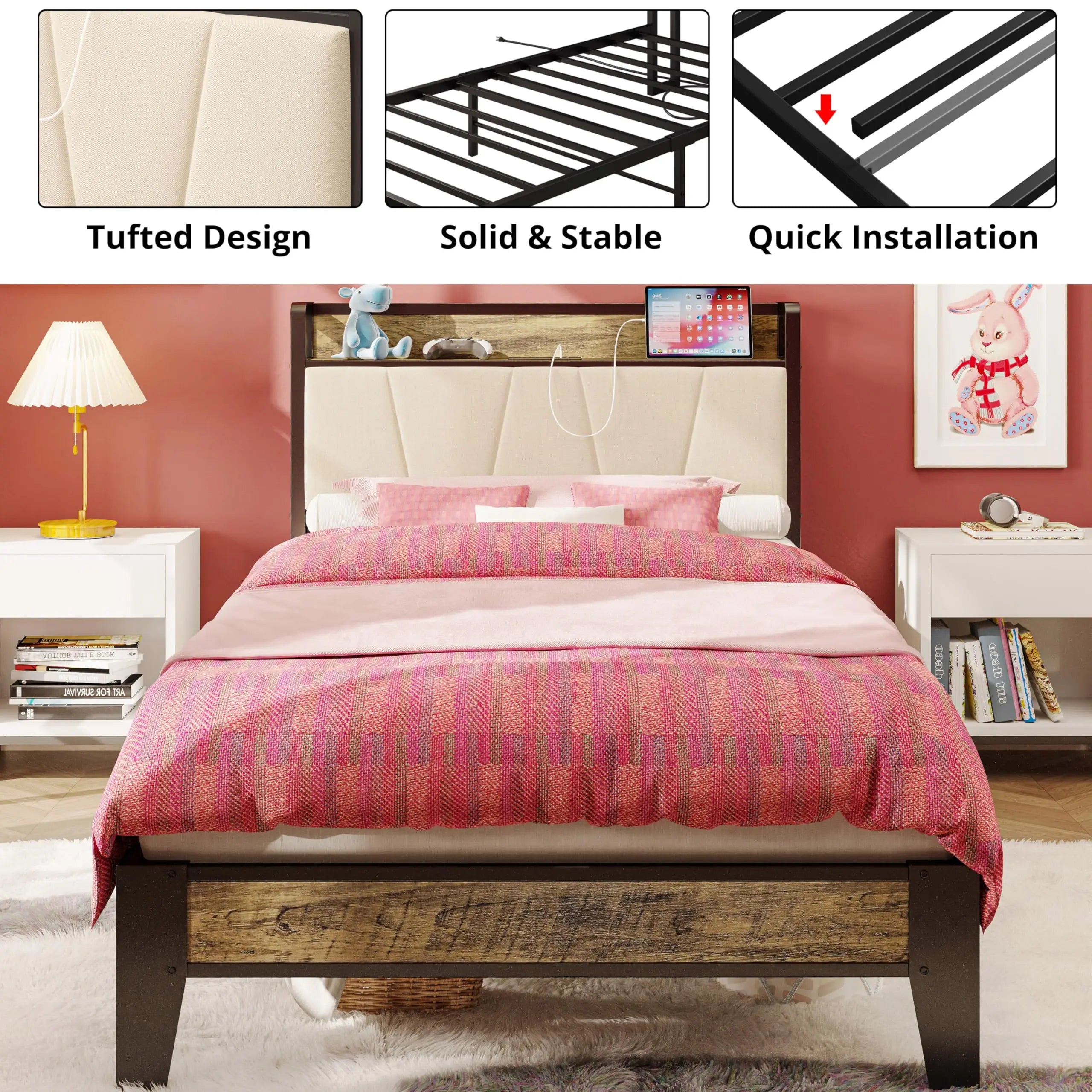 Twin XL/Full/Queen/California King Bed Frames, Storage Headboard with Charging Station, No Box Spring Needed