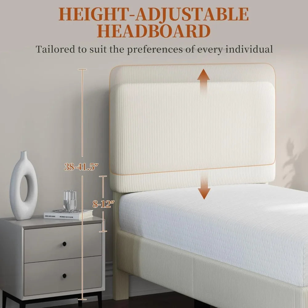 Twin Bed Frames with Adjustable Headboard, Chenille Fabric Upholstered Headboard/Platform Bed, Twin Size Bed Frame