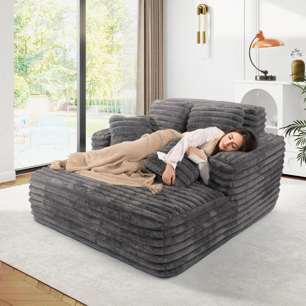 56"W Oversized Chaise Lounge Chair Indoor,Plush Faux Fur Sleeper Sofa Couch Bed with Pillows &Wide Armrest, Fluffy Comfy Cloud Soft