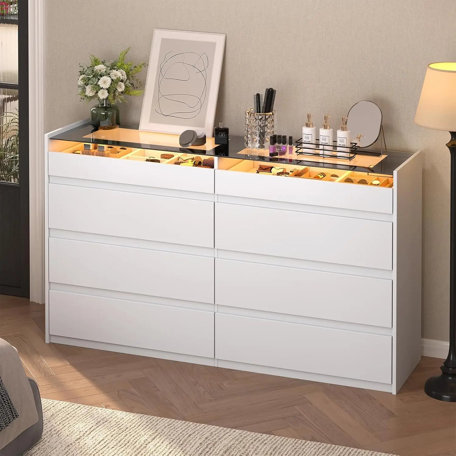 White 8 Drawer Dresser, Modern Chest of Drawers, Jewelry Dresser Display with Glass Top and LED Light