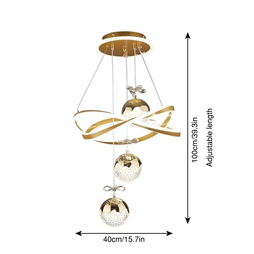 LED Chandelier with Three Spherical Lampshades, Three Adjustable Light Colors, Adjustable Height, and Crystal Accents; Suitable for Above Dining Tables, in Bedrooms, and More