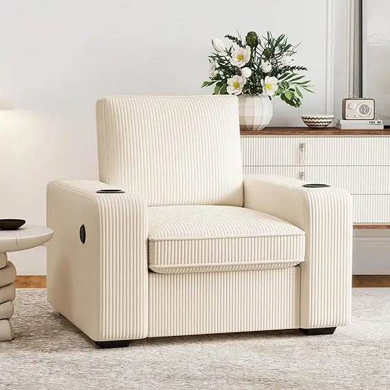 36" Wide Plush Accent Chair, with USB Charger & Cup Holder, Oversized Comfy Chair Tufted Corduroy Fabric