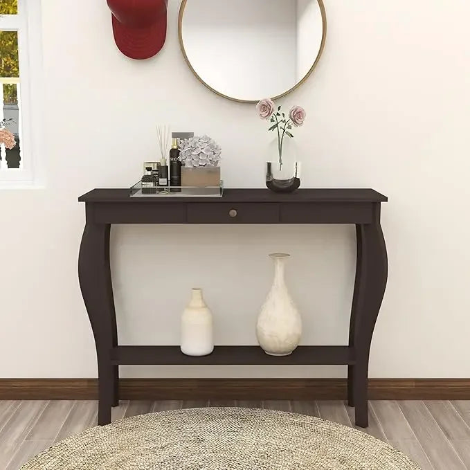 Narrow Console Table with Drawer and Shelves, Chic Accent Sofa Entryway Table, Living Room, Hallway, Espresso