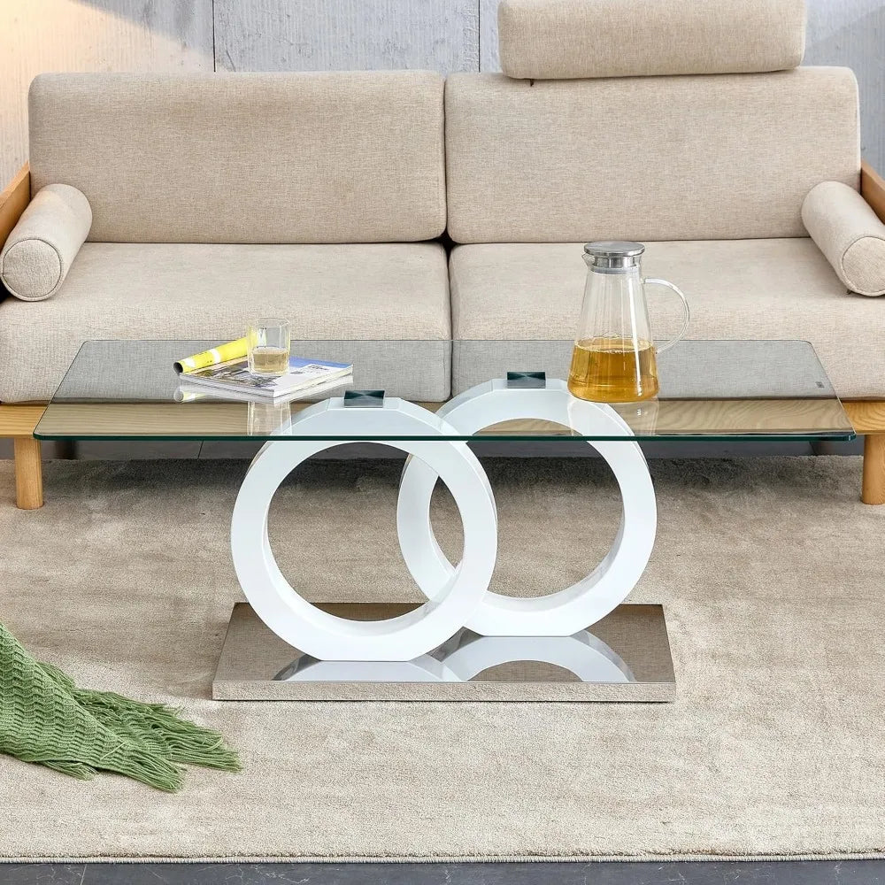 Glass Coffee Table, Coffee Table for Living Room, 47'' Modern Tempered Glass Tabletop with DoubleO MDF Leg and Silver Metal Base