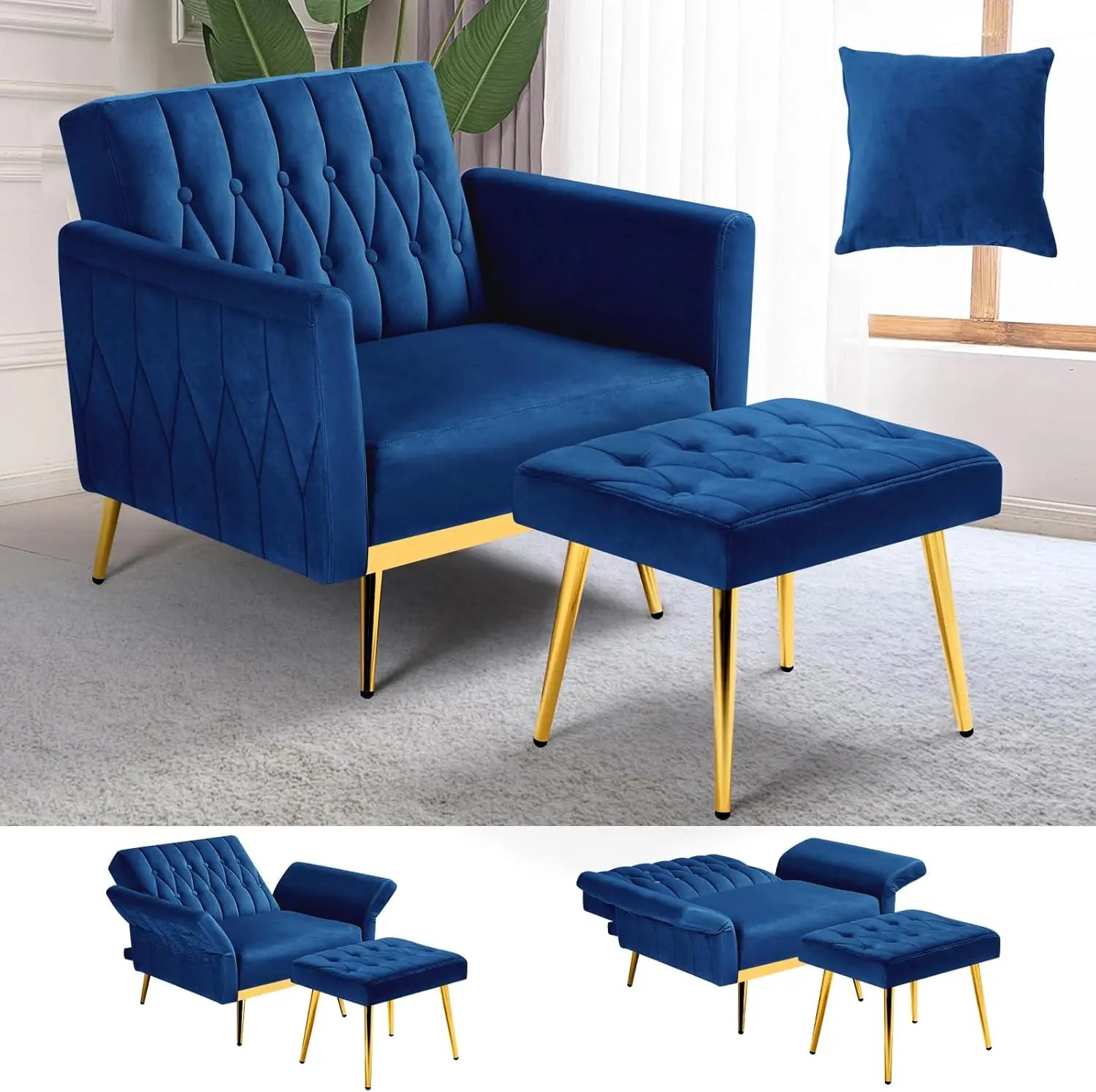 Upholstered Reclining Chair/Ottoman with Adjustable Armrests and Back, Button-Tufted Relaxation Seat