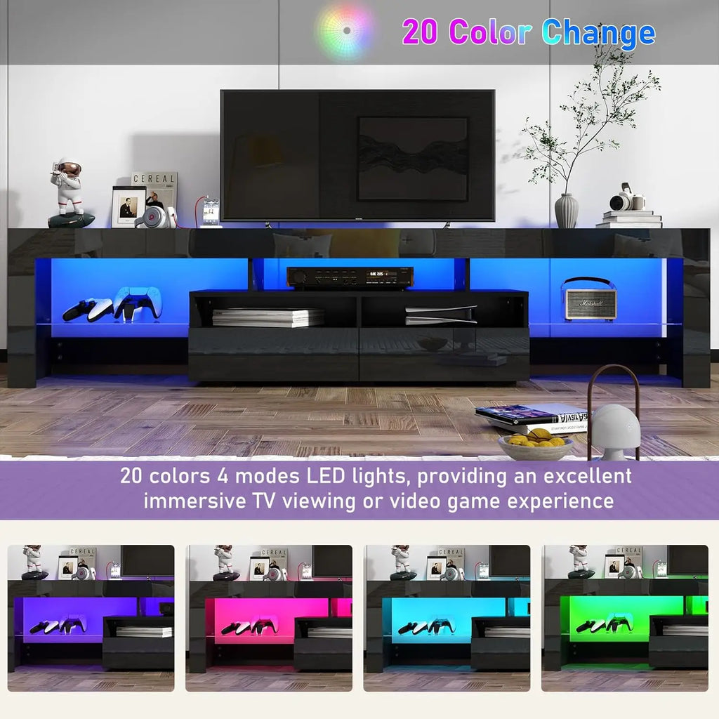 LED TV Stand for 75/85/90 inch TV, High Glossy Modern Entertainment Center with Drawer and LED Lights