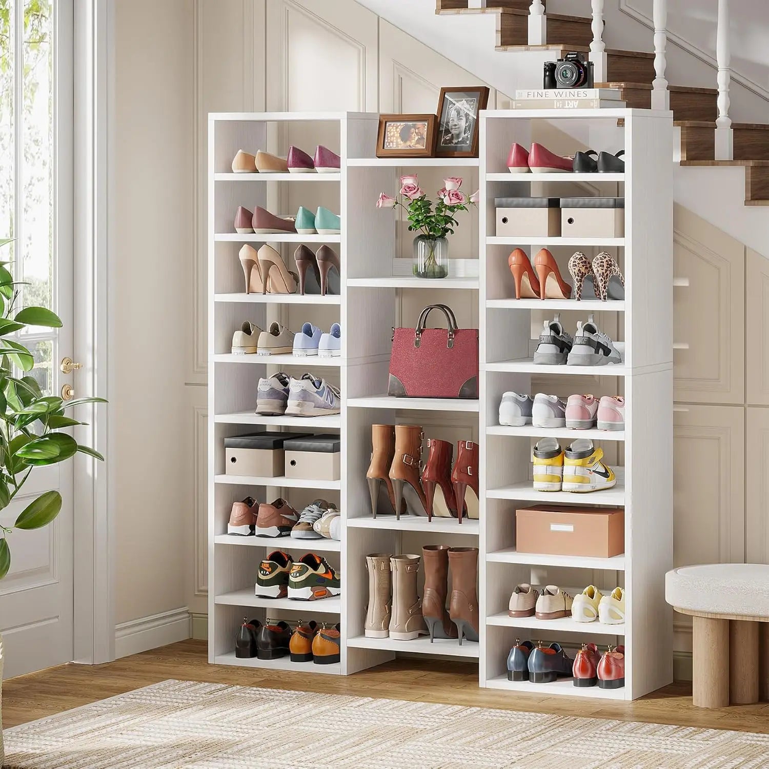 14 Tier Shoe Storage Cabinet, 46 Pair Wooden Shoe Rack Organizer with 22 Open Cubbies for Closet/ Hallway/ Bedroom