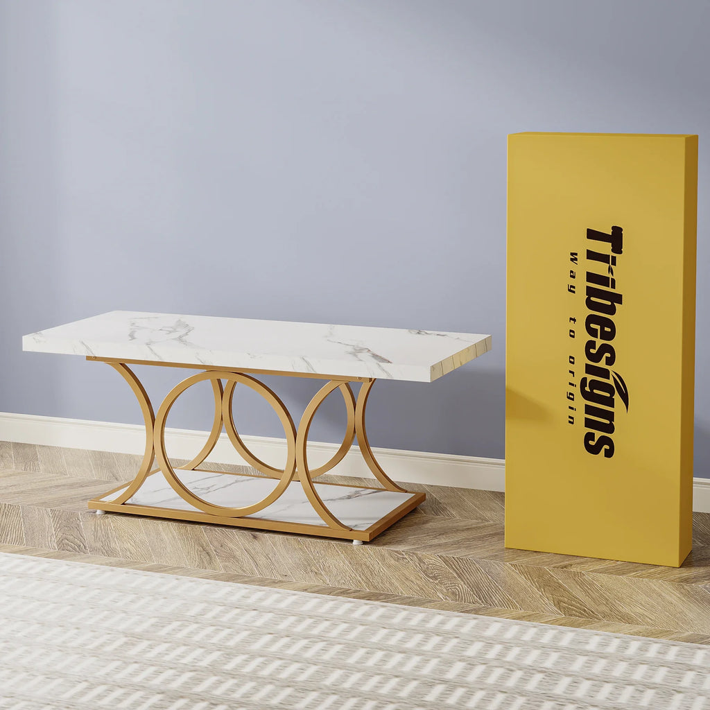 Rectangle Coffee Table, 2-Tier Faux Marble Wood