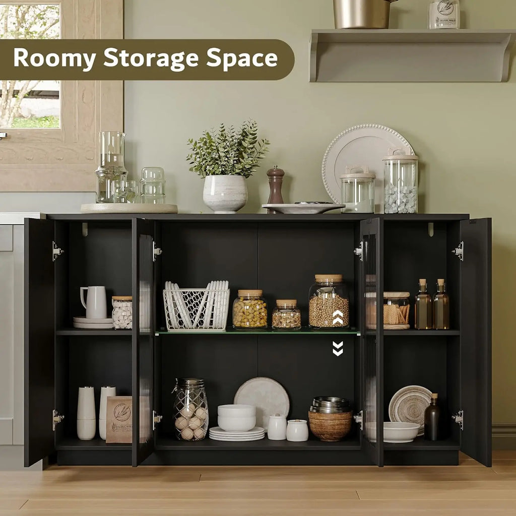 55" Black Sideboard Buffet Cabinet with Glass Doors LED Lights Adjustable Shelves for Kitchen Living Room, Customized