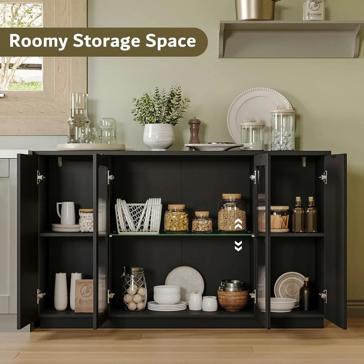 55" Black Sideboard Buffet Cabinet with Glass Doors LED Lights Adjustable Shelves for Kitchen Living Room, Customized