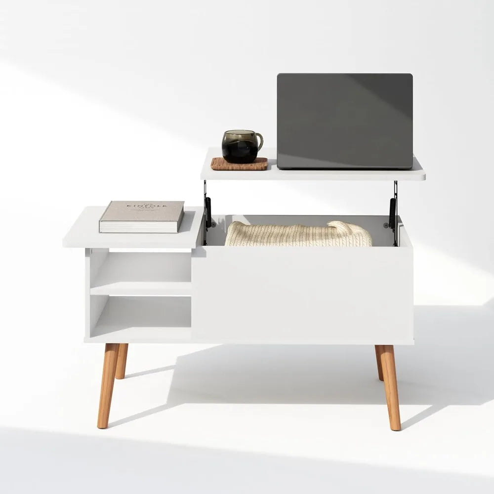 Jensen Wooden Leg Lift Top Coffee Table with Hidden Compartment and Side Open Storage Shelf for Living Room, Solid White