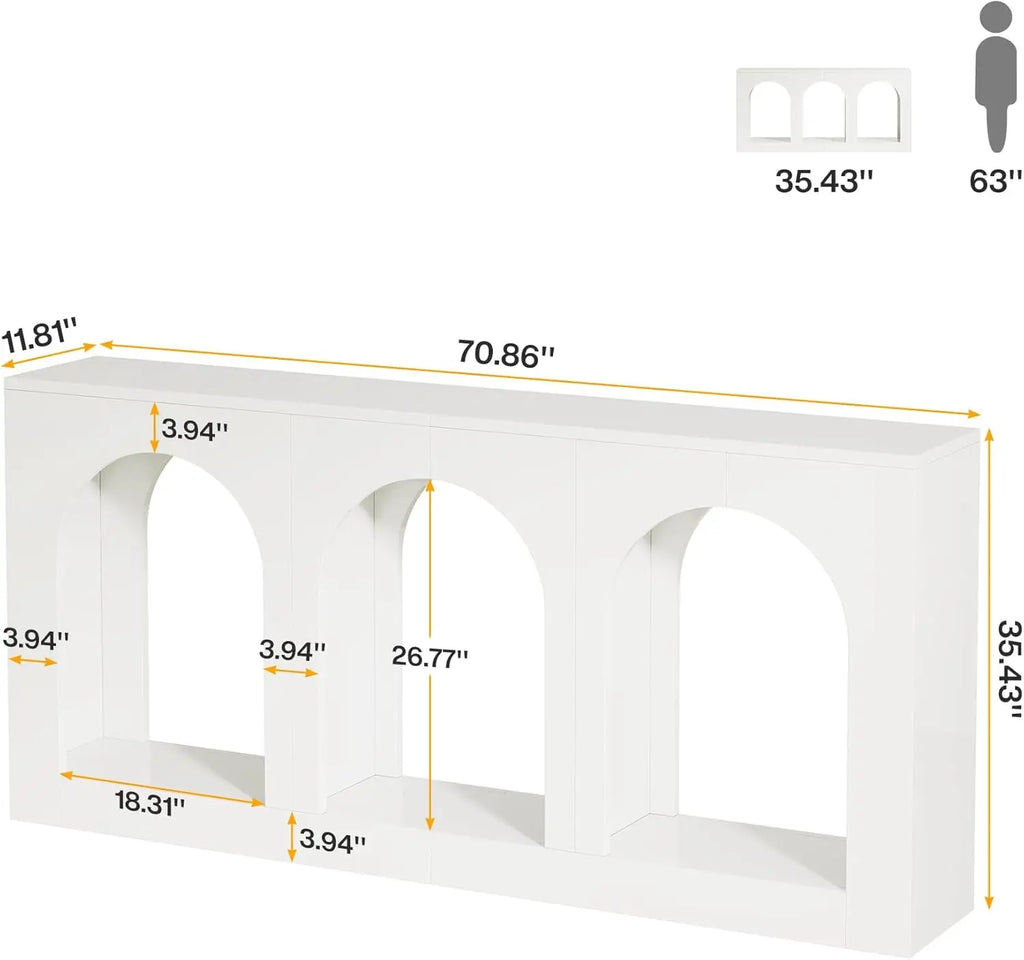 70.9" White Console Table with Storage, Wood Entryway Entry Table with 3 Arched Shelves for Foyer, Hallway, Living Room
