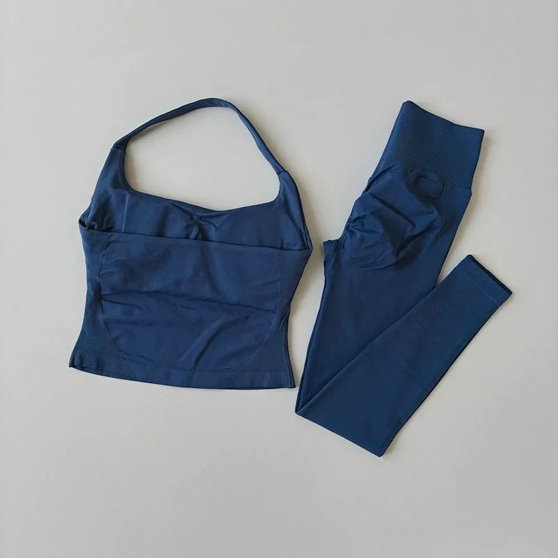 Yoga Pants High-Waisted Tummy-Control Hip-Lifting Sports Suit/ Women's Push-Up Shockproof Halter Neck Back-Slimming Fitness Set