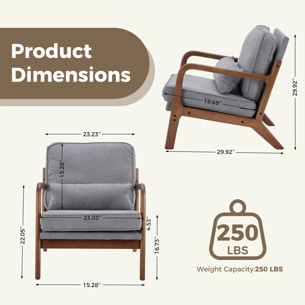 Solid Wooden Frame Accent Chair with Arms and Waist Cushion, Reading Chairs for Adults, Lounge Chair