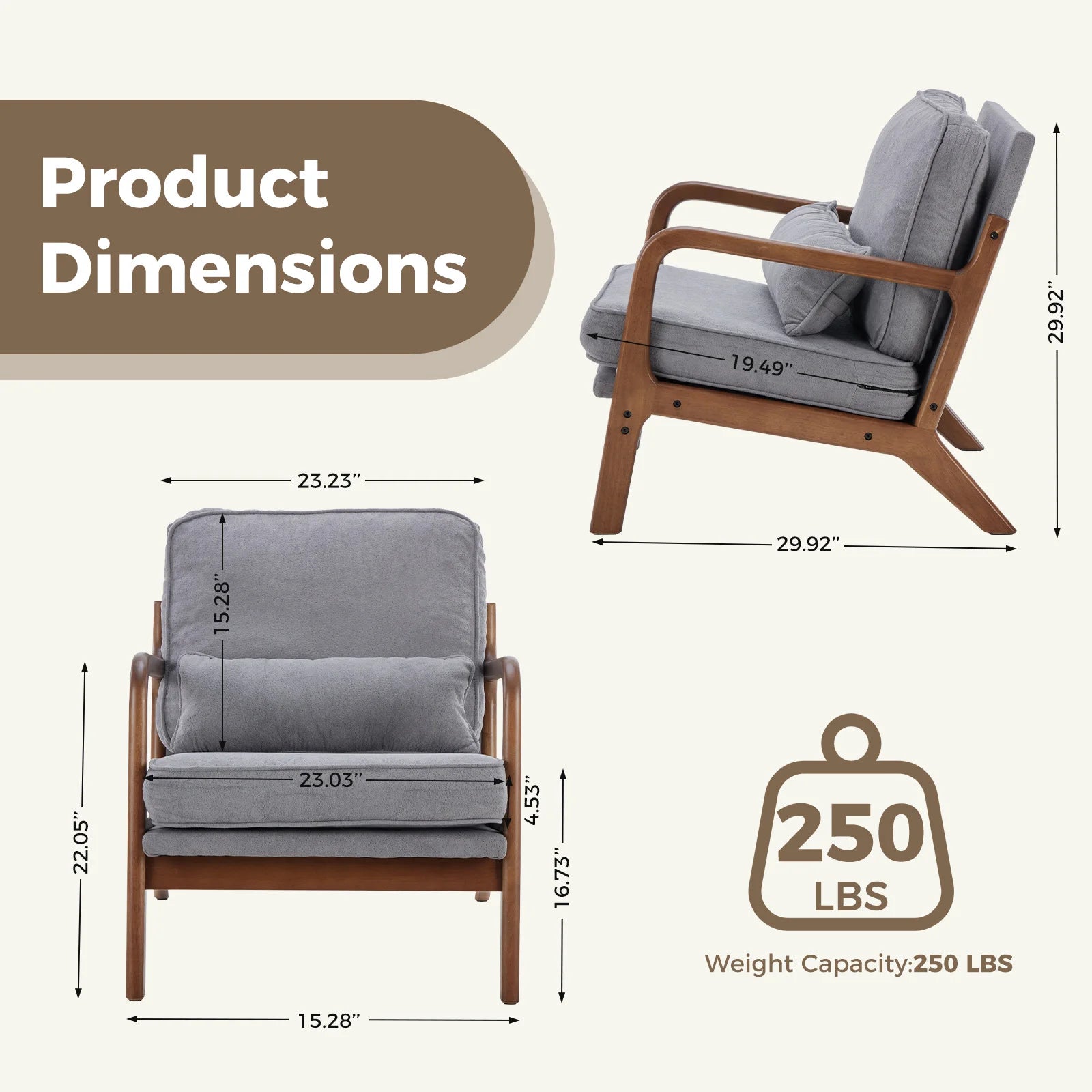 Solid Wooden Frame Accent Chair with Arms and Waist Cushion, Reading Chairs for Adults, Lounge Chair