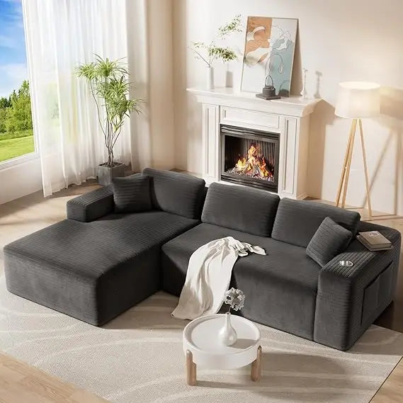 Compressed Modular L-Shaped Sofa with Deep Seating, Cloud Sectional Couch in a Single Box, Corduroy Fabric