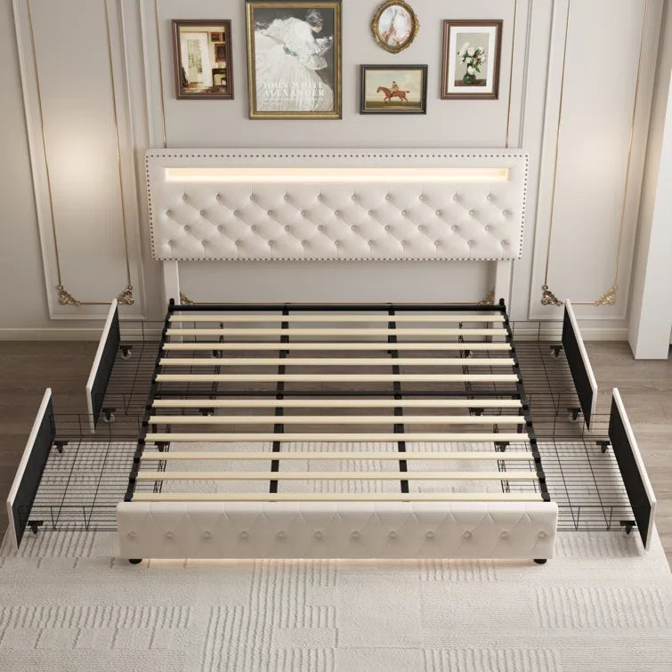 Full Size LED Bed Frame with Storage Drawers, RGBW Lights, Adjustable Headboard, No Box Spring, PU/Velvet Upholstered