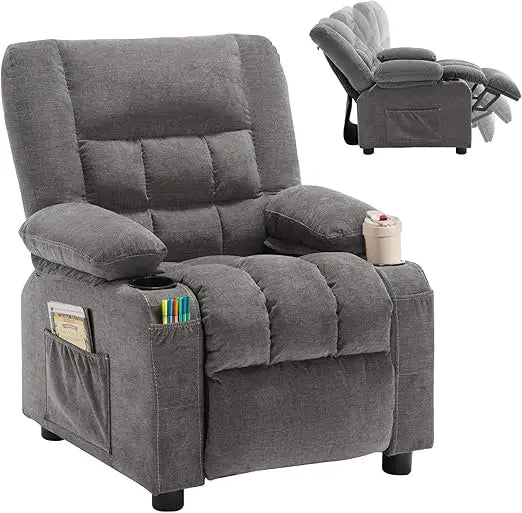 Kids Recliner Chair, Push Back Toddler Recliner with Cup Holders & Side Pockets, Adjustable Footrest & Headrest