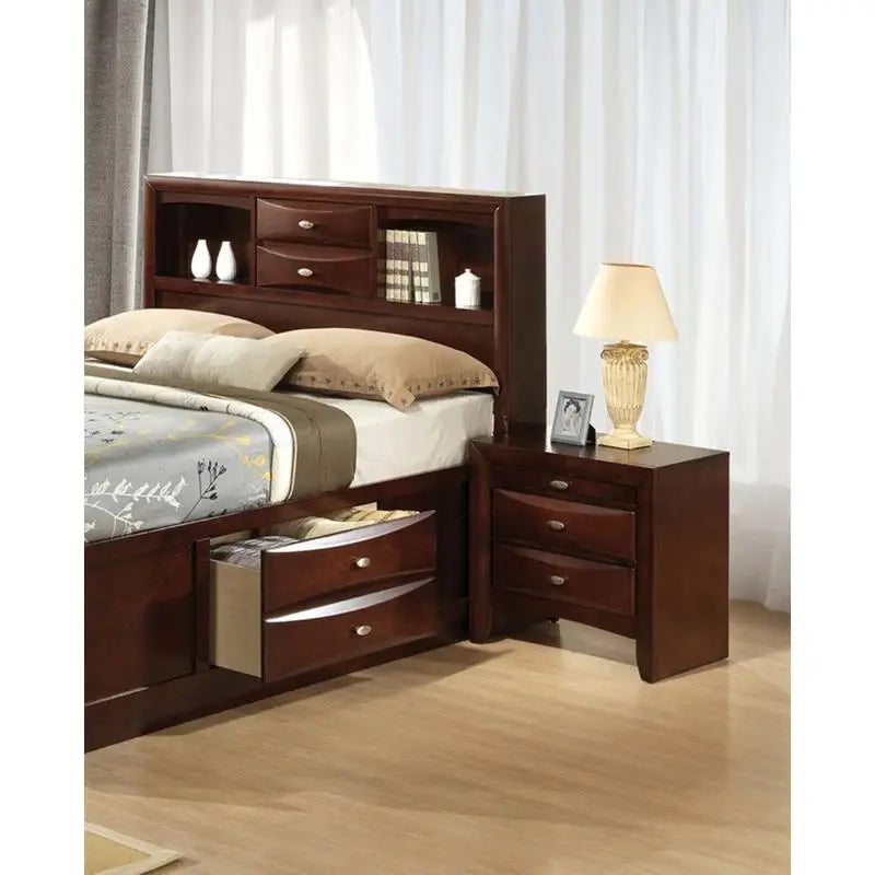 Contemporary Queen Bed Set with 2 Nightstands, Headboard, and Bookcase - Cherry Finish