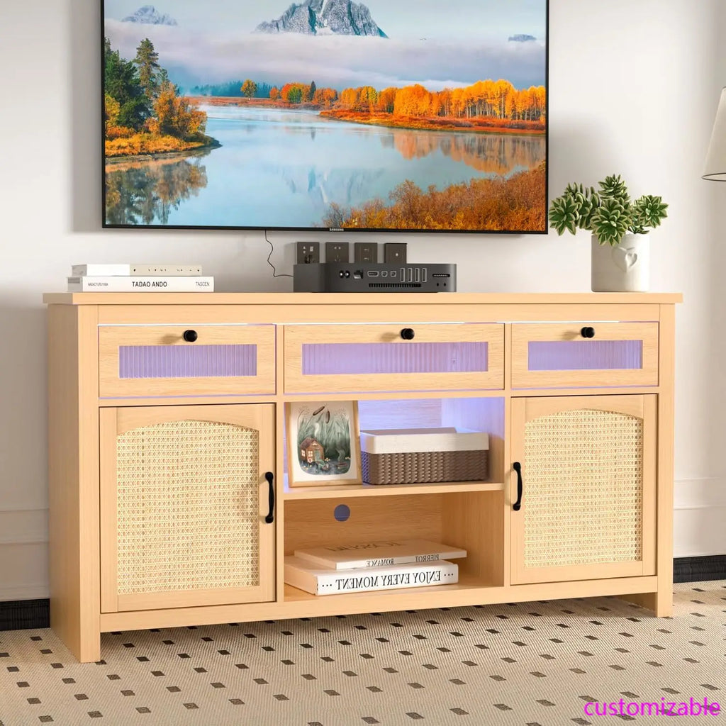 LED TV Stands for for 65" TV, Entertainment Center with 2 Storage Cabinets and Barn Doors, 59" TV Console with 3 Drawers