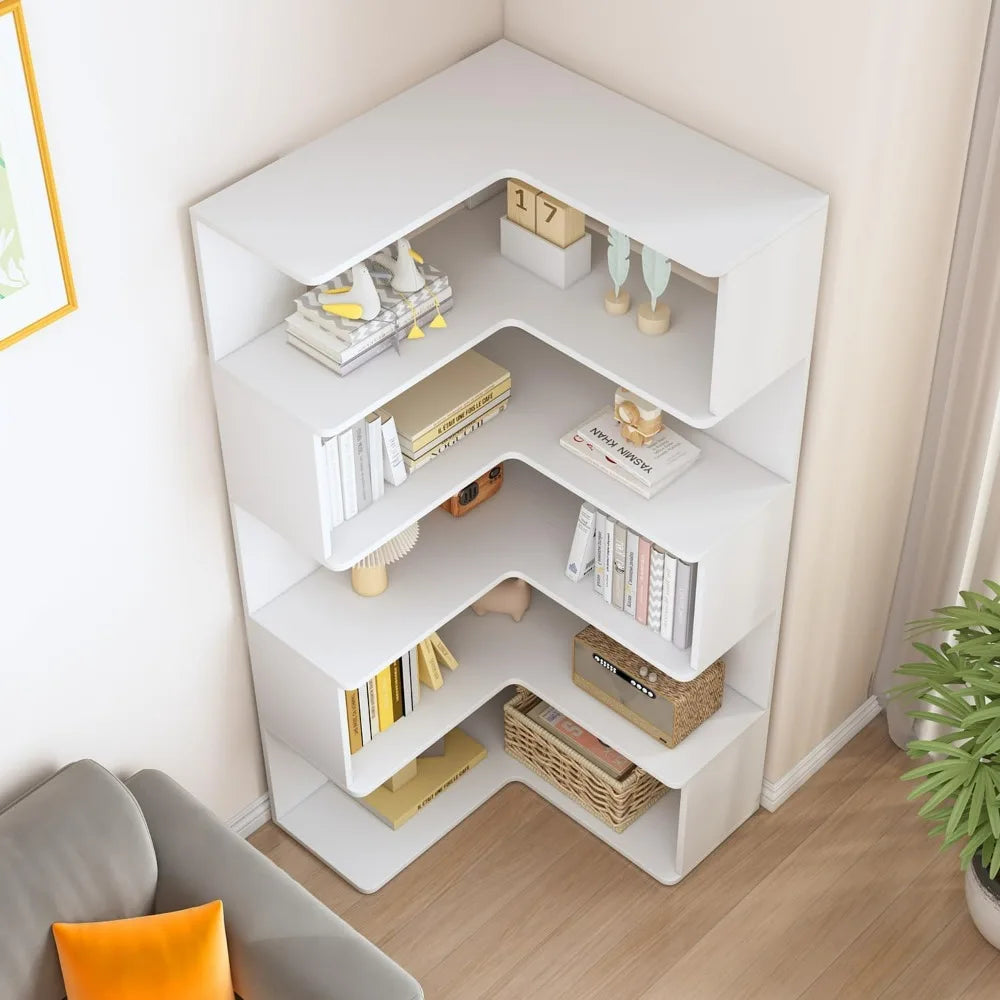 White 66" High 6-Tier L-Shaped Wooden Corner Bookshelf with Open Shelves