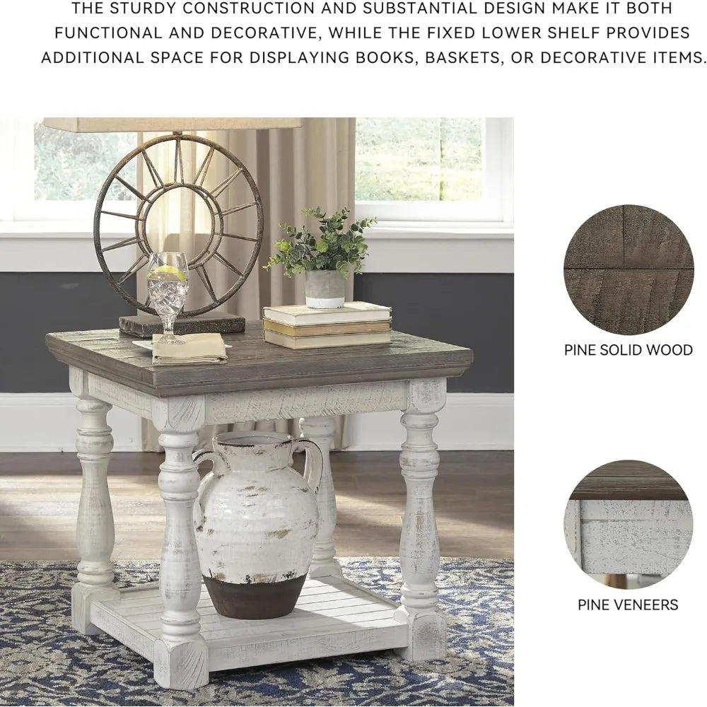 Limited Time Offer, Farmhouse Square End Table with Floor Shelf, Vintage Gray & White with Weathered Finish
