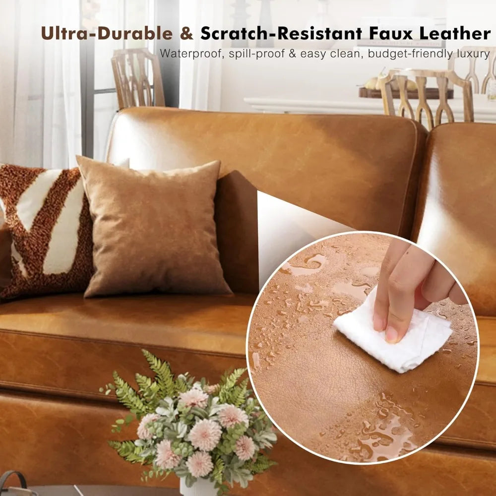85" Faux Leather Couch with Padded Cushions, Mid-Century Modern Sofa with Extra Deep Seats, 3-Seater Sofa Couch for Living Room