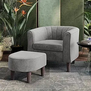 Accent Chair Ottoman Set: Chenille Barrel Chair with Foot Rest, Mid-Century Modern Small Reading Chair/ Upholstered Armchair
