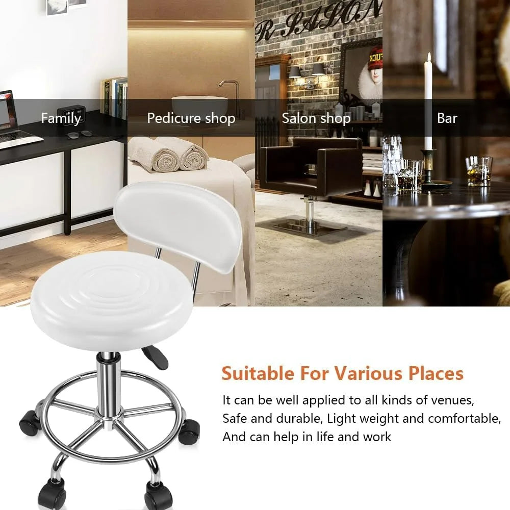 Modern PU Leather Rolling Swivel Chair with Adjustable Height and Footrest for Work, Salon, and Drafting (White)
