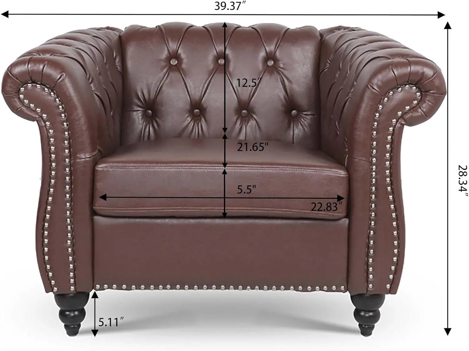 Leather Chesterfield Chair, Mid-Century Modern Single Sofa Chair, Tufted Upholstered Rolled Armchair