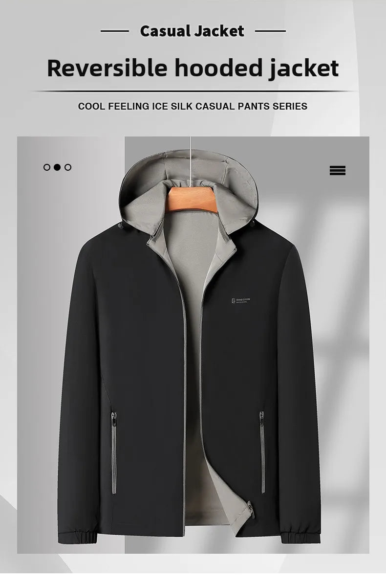 Premium Wrinkle Free Reversible Waterproof Men's Blazer Jacket/ Detachable Hooded Windbreaker/ Business-Casual, Lightweight Coats