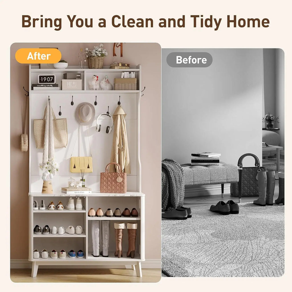 4-in-1 Entryway/Hallway Tree with Shoe Storage, 77" Coat Rack with 18 Shoes Cubbies & 9 Coat Hooks