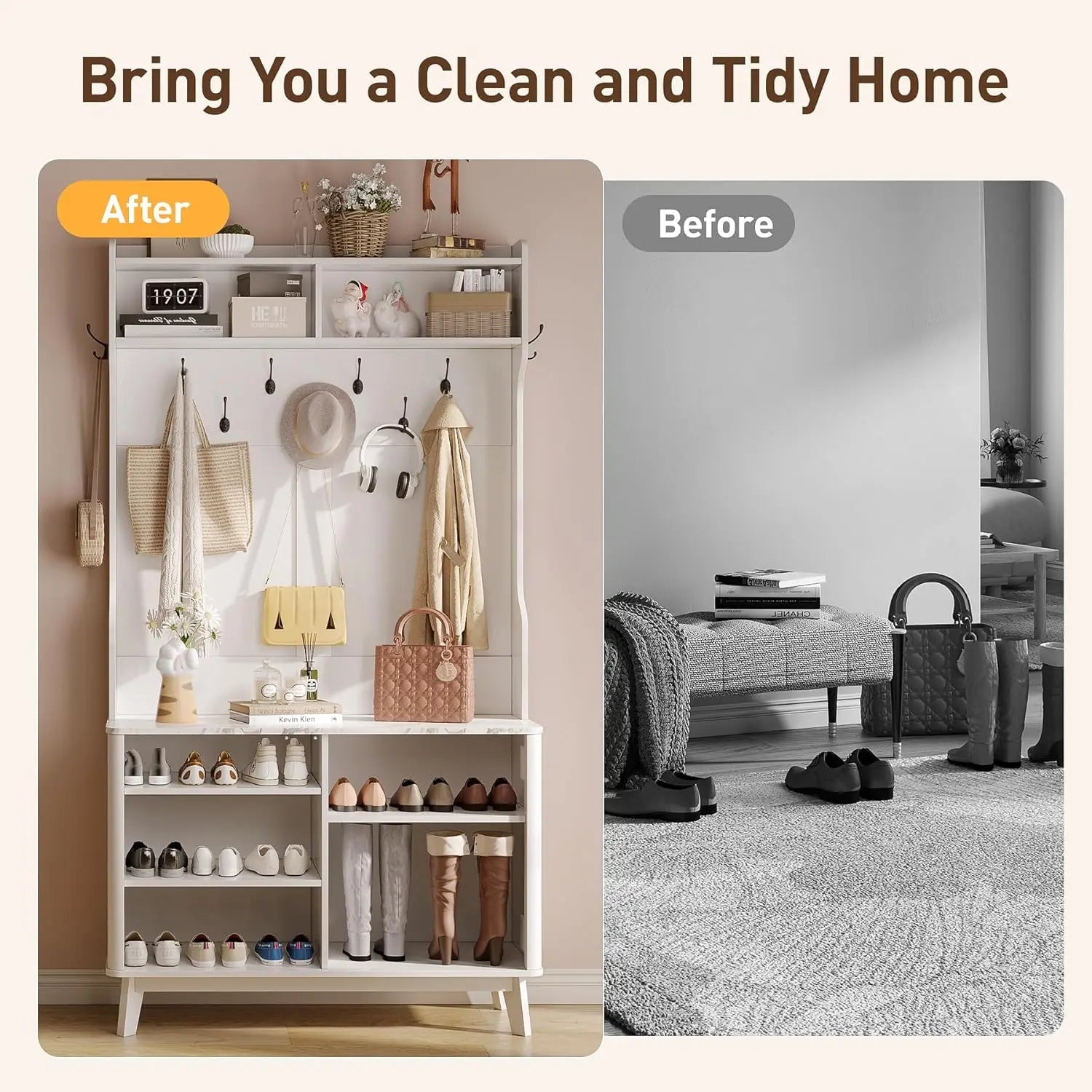 4-in-1 Entryway/Hallway Tree with Shoe Storage, 77" Coat Rack with 18 Shoes Cubbies & 9 Coat Hooks