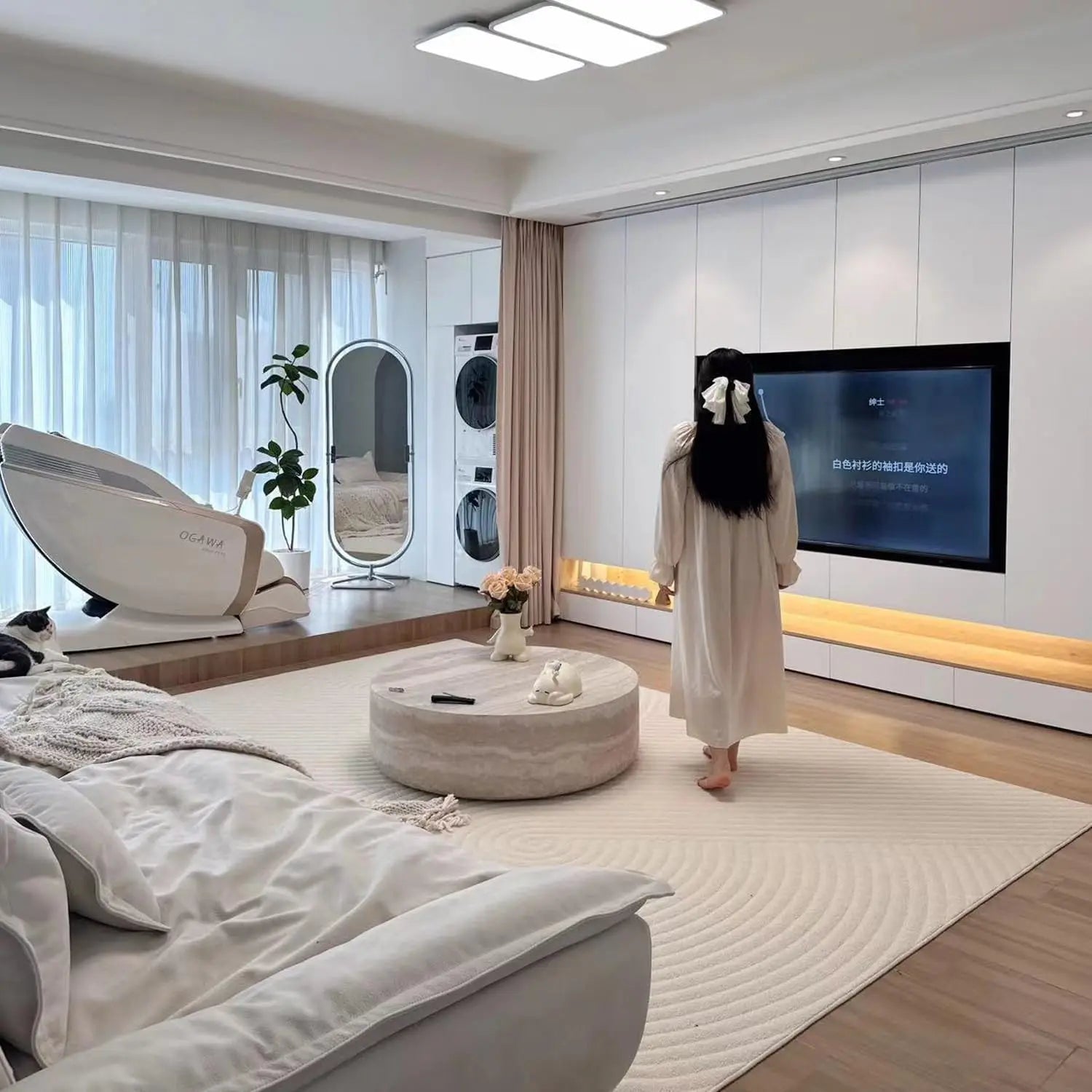 Round Coffee Table for Living Room Circle Coffee Table Modern Drum Center Table for Apartment, No Need Assembly (Fiberglass)