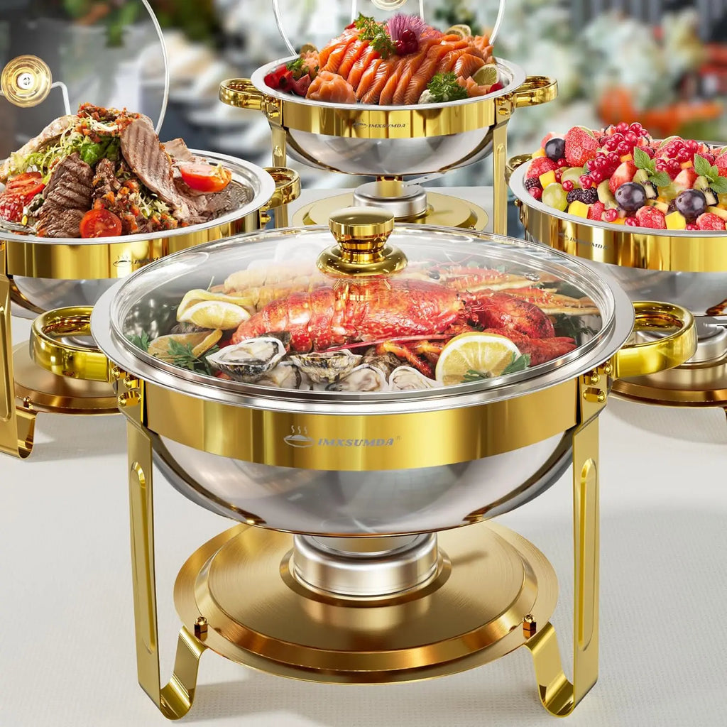4-Pack Gold Round Chafing Dish Set, 5QT Buffet Warmers with Glass Lid for Parties, Weddings, Catering